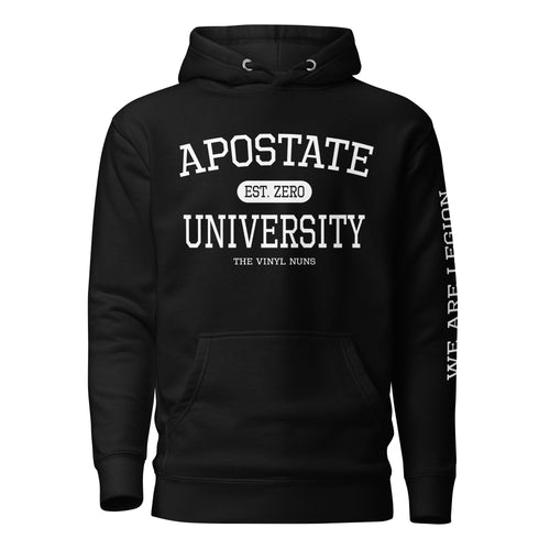 Black APOSTATE UNIVERSITY graphic hoodie - bold statement streetwear